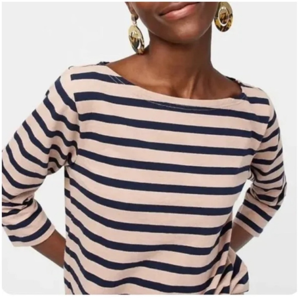 J. Crew Stripped Navy and Tan 3/4 Sleeve Boatneck Women's Top